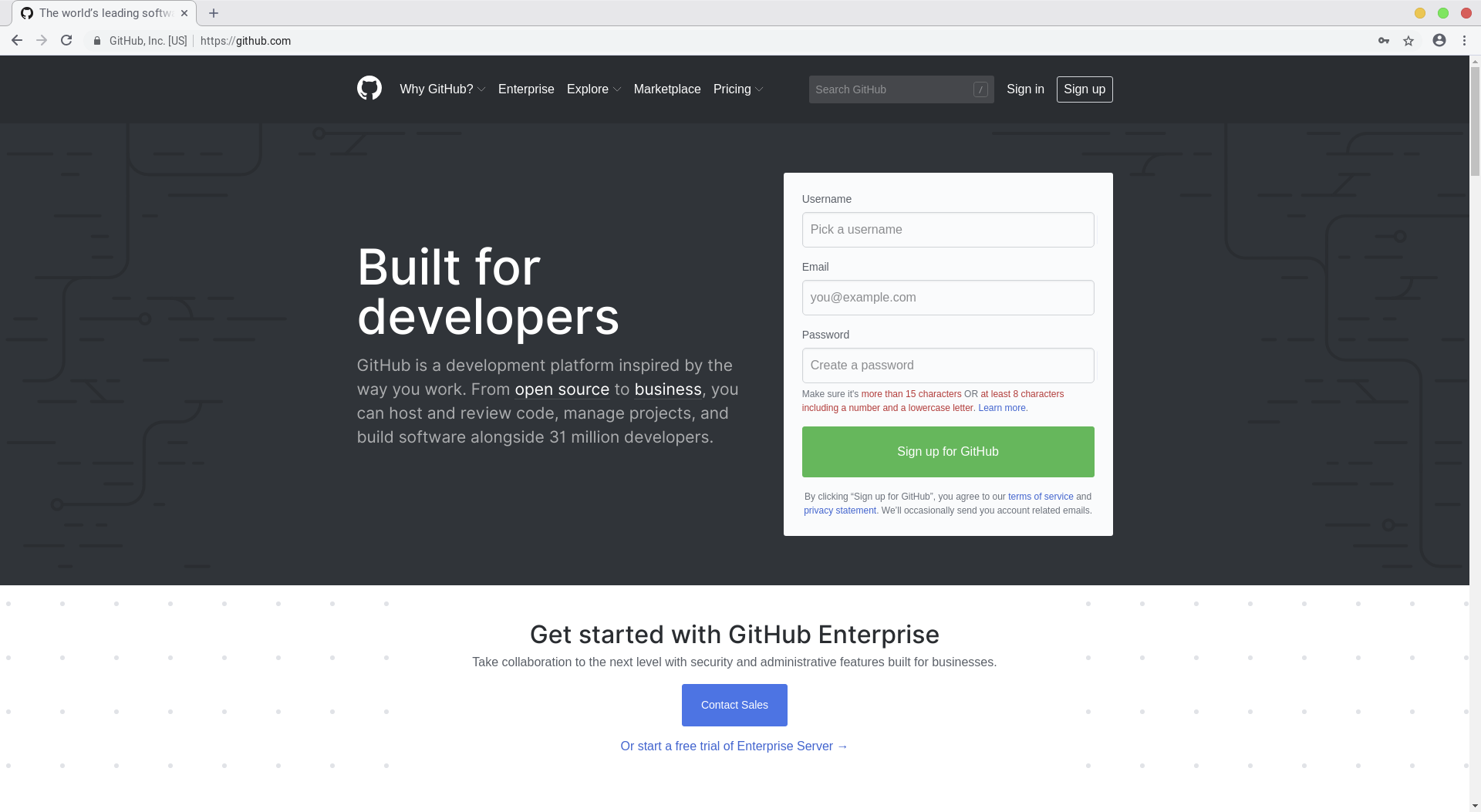 Screenshot of Landingpage of github.com