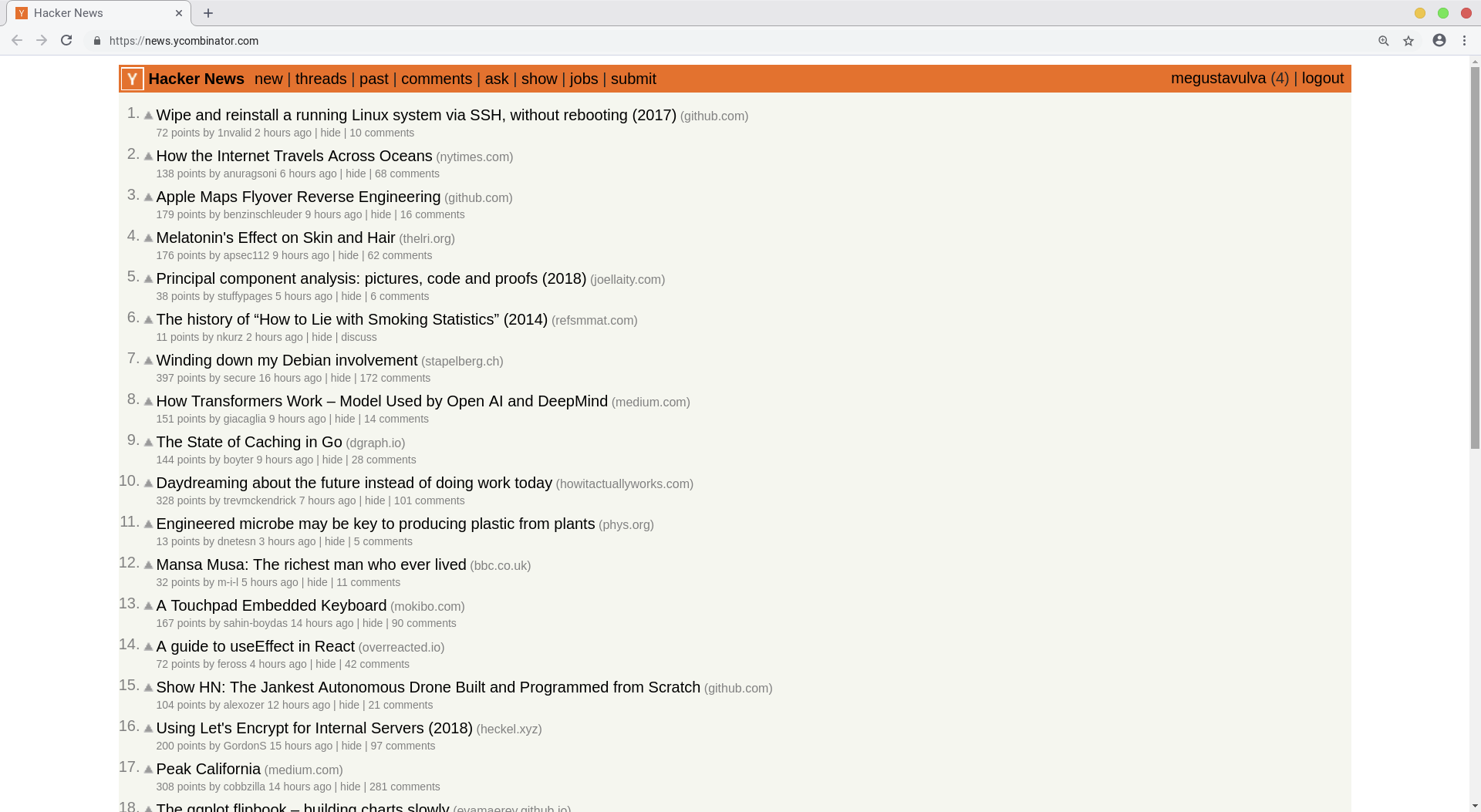 Screenshot of overview of top stories on hacker news