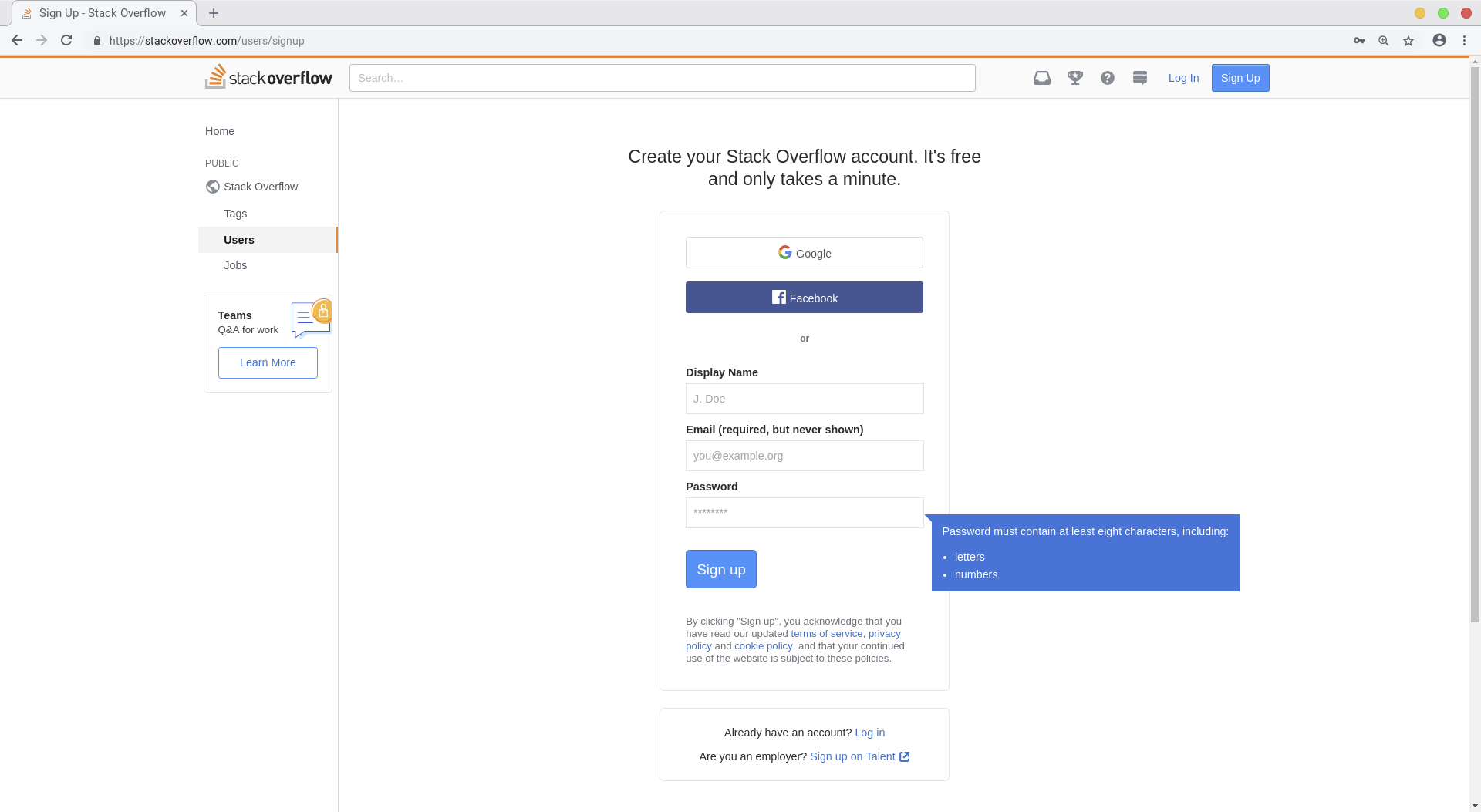 Screenshot of Sign-up Page of stackoverflow.com